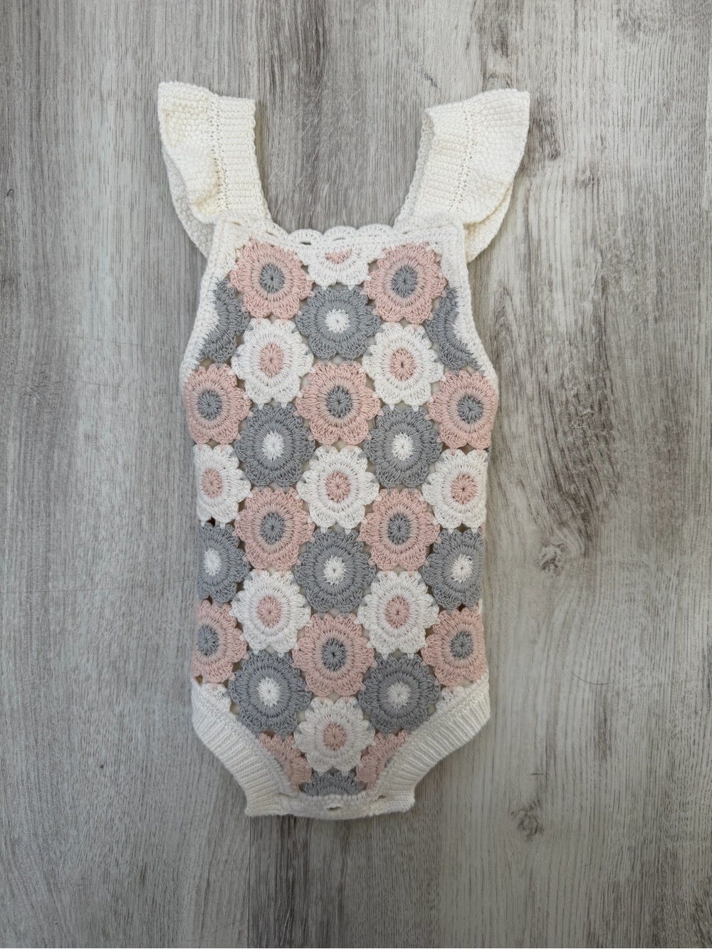 Rylee + Cru Crochet Floral One-Piece in Pink, Gray & Cream